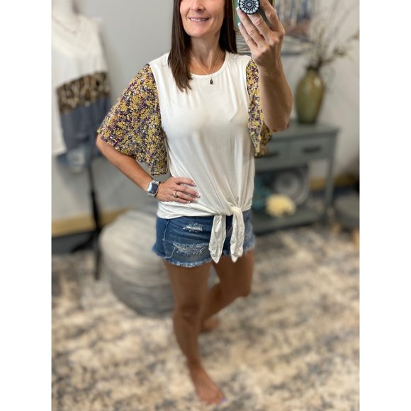 ❤️‍🔥NEW Floral Short Flutter Sleeve Round Neck Self Tie Bottom Top Yellow 4120 - Picture 3 of 5